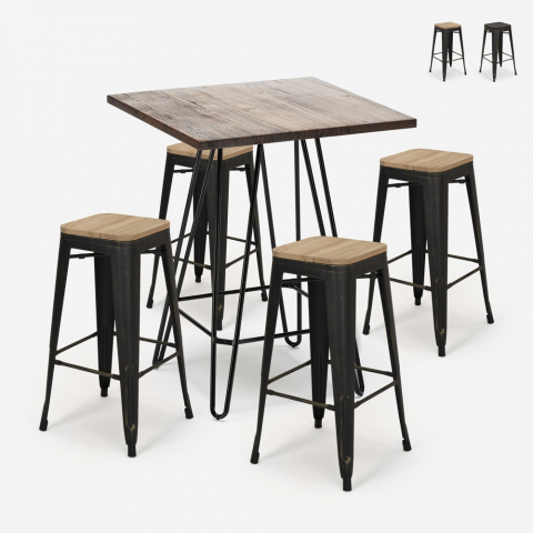 set tavolino industriale 60x60cm 4 sgabelli legno metallo oudin noix Promozione