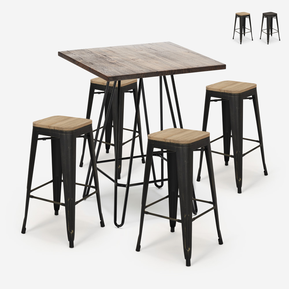 Set tavolino industriale 60x60cm 4 sgabelli tolix legno metallo Oudin Noix