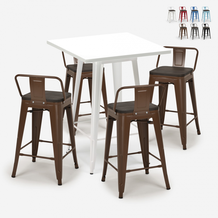 set bar 4 sgabelli tavolino industriale metallo bianco 60x60cm buch white Sconti