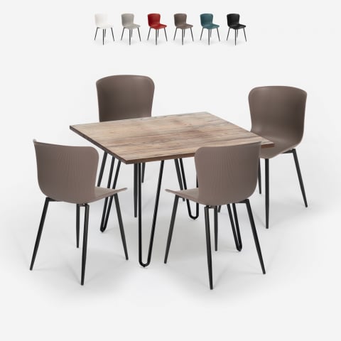 Set tavolo quadrato 80x80cm 4 sedie legno metallo stile industriale Claw
