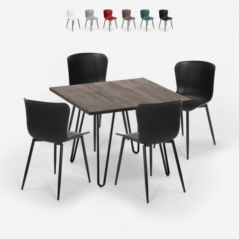 Set tavolo 80x80cm quadrato 4 sedie stile industriale metallo Claw Dark