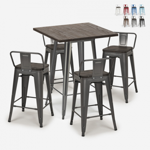 set bar industriale 4 sgabelli tavolino 60x60cm legno metallo peaky Promozione