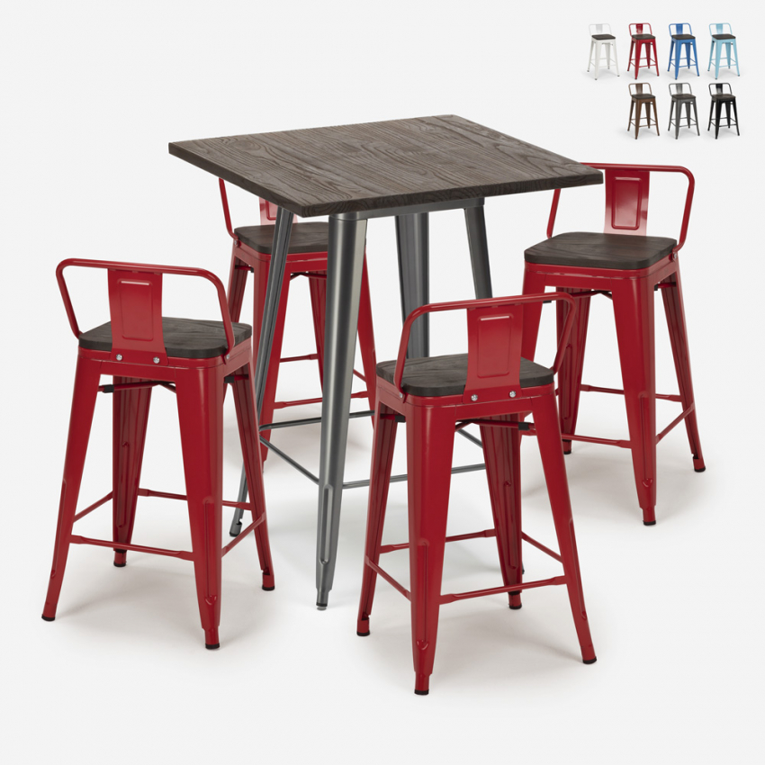 set bar industriale 4 sgabelli tavolino 60x60cm legno metallo peaky Stock