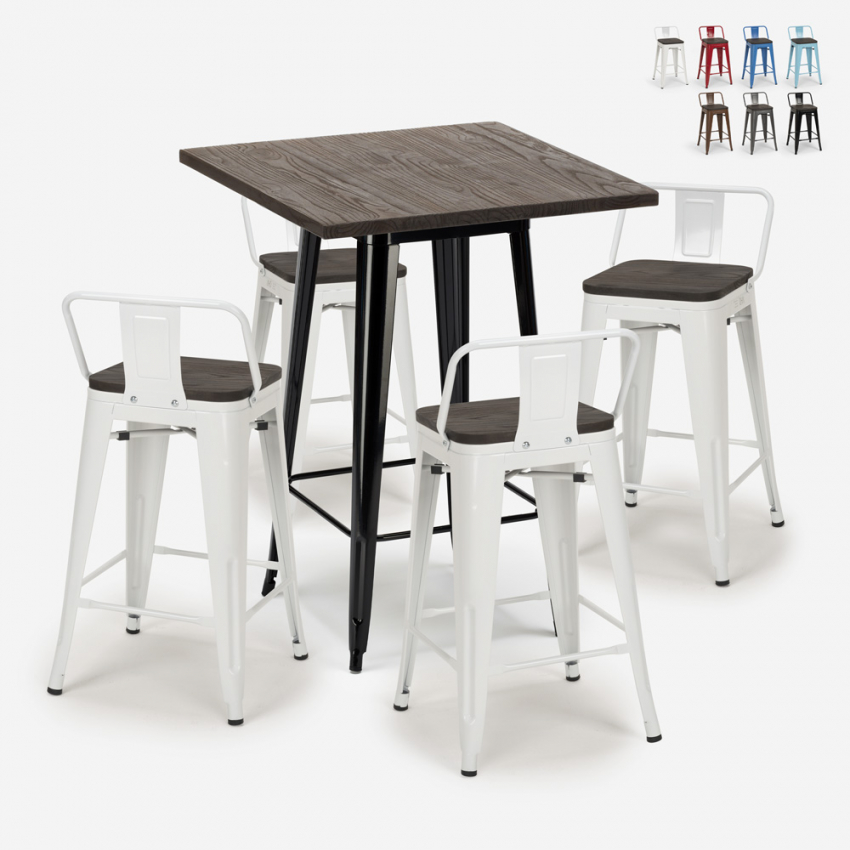 set 4 sgabelli tavolino industriale 60x60cm legno metallo peaky black Offerta