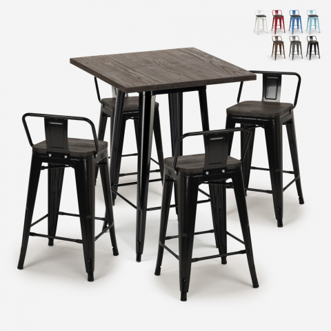 set 4 sgabelli Lix tavolino industriale 60x60cm legno metallo peaky black Promozione