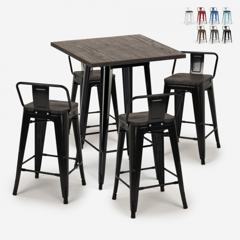 Set 4 sgabelli tolix tavolino industriale 60x60cm legno metallo Peaky Black Promozione