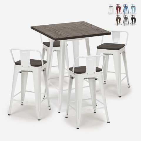 set 4 sgabelli legno metallo tavolino industriale 60x60cm peaky white Promozione