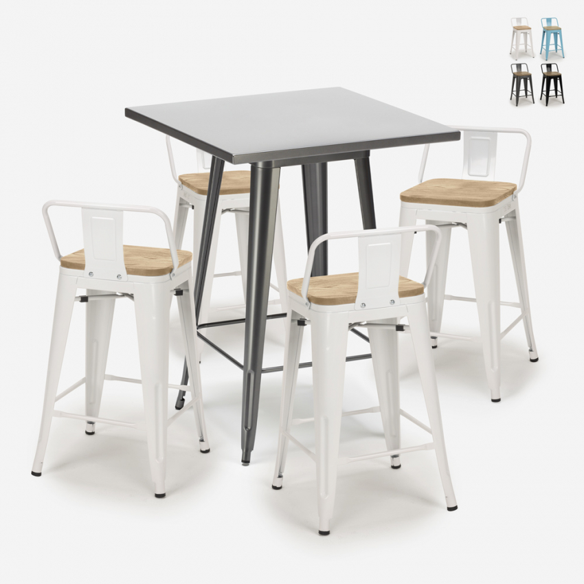 set tavolino industriale metallo 60x60cm 4 sgabelli legno bucket steel Vendita set tavolino industriale metallo 60x60cm 4 sgabelli legno bucket steel Vendita