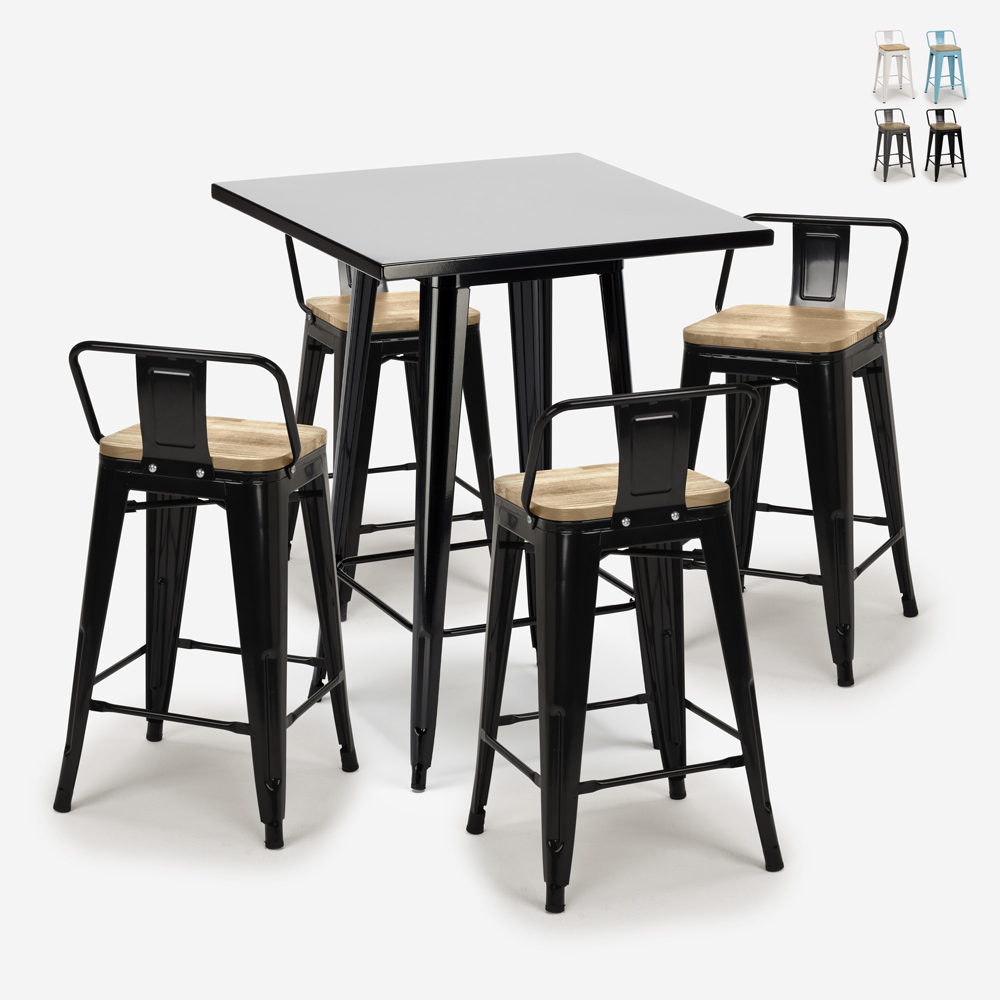 Set tavolino metallo nero 60x60cm 4 sgabelli tolix bar cucina Bucket Steel Black