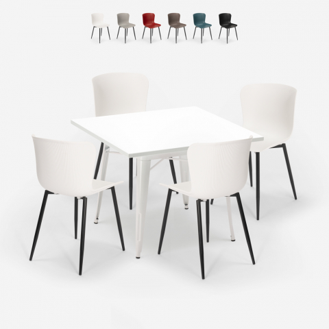Set tavolo quadrato design industriale Tolix 80x80cm 4 sedie Wrench Light