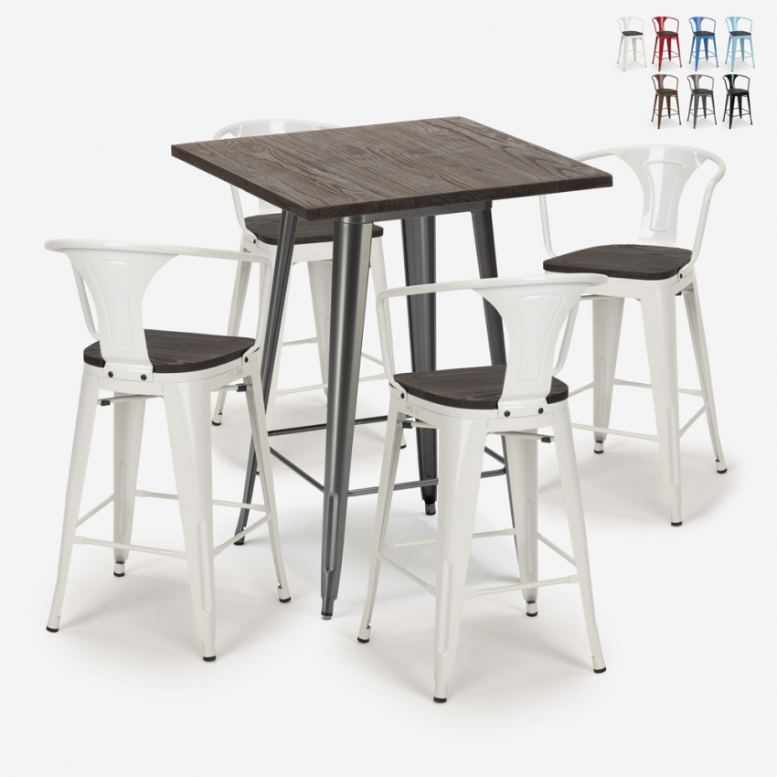 set tavolino alto legno 60x60cm 4 sgabelli metallo industriale bruck wood Offerta set tavolino alto legno 60x60cm 4 sgabelli metallo industriale bruck wood Offerta