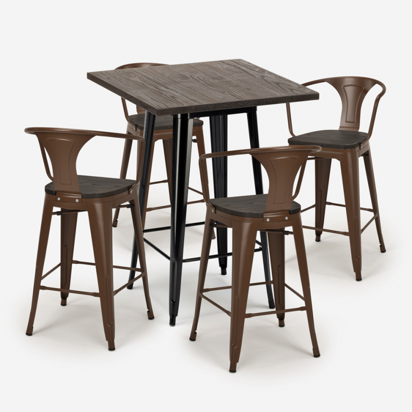 Syracuse set tavolo alto legno 120x60cm 4 sgabelli da bar tolix nero