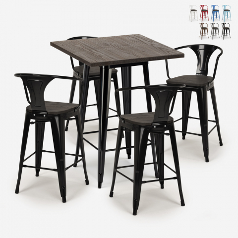 set 4 sgabelli metallo Lix industriale tavolino alto 60x60cm bruck wood black Promozione
