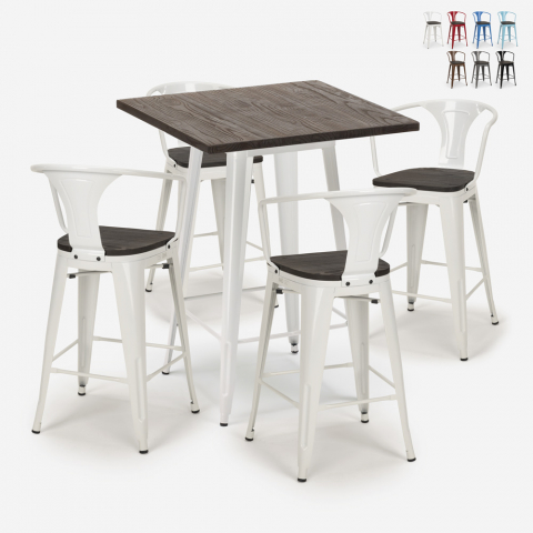 Set 4 sgabelli bar tolix tavolino 60x60cm legno metallo Bruck Wood White