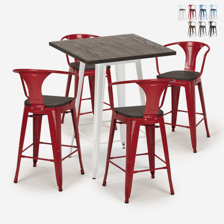 set 4 sgabelli bar tavolino 60x60cm legno metallo bruck wood white Stock