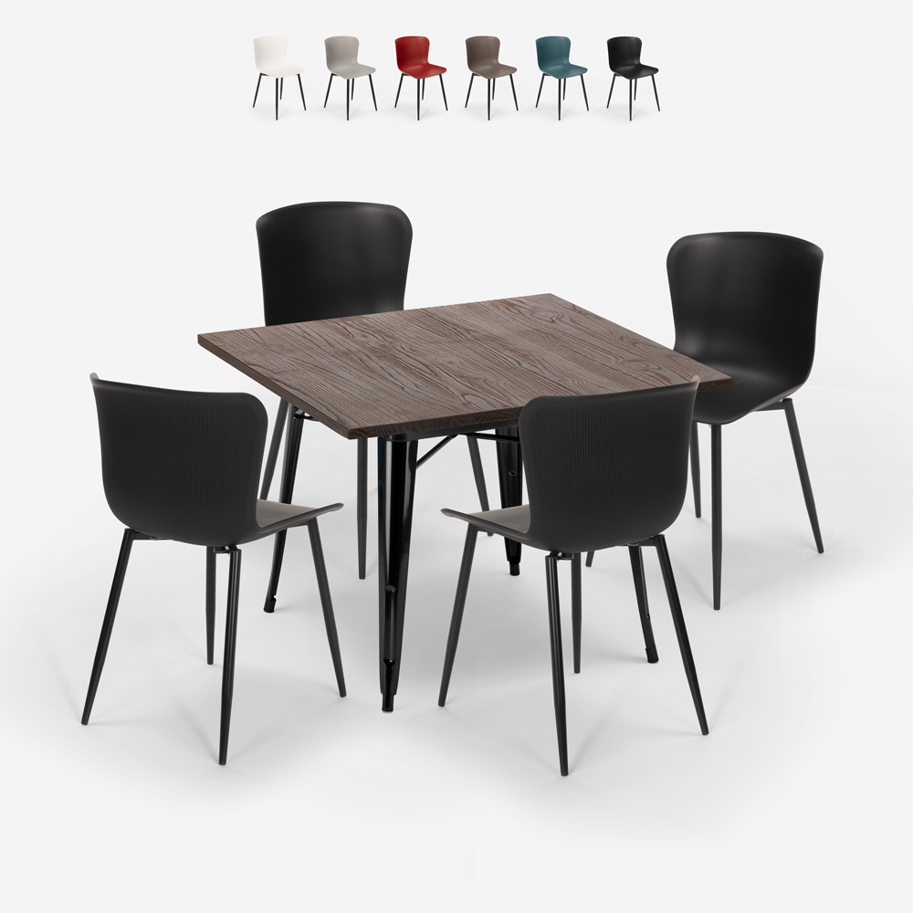 set tavolo quadrato 80x80cm 4 sedie stile industriale anvil dark