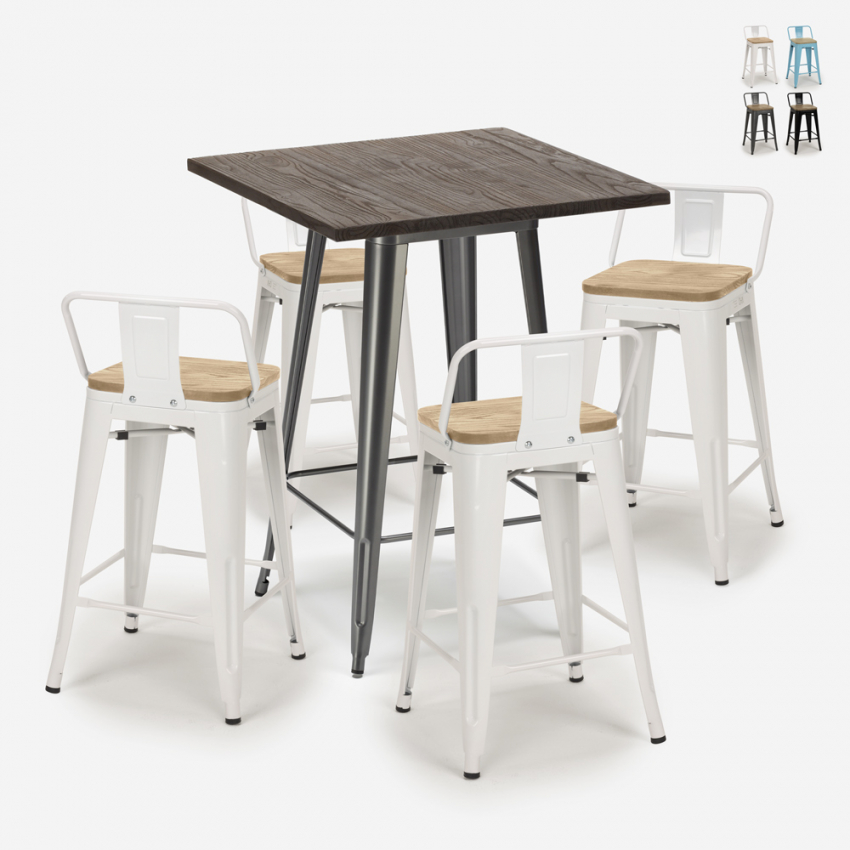 set industriale 4 sgabelli tavolino bar 60x60cm legno metallo rough Offerta