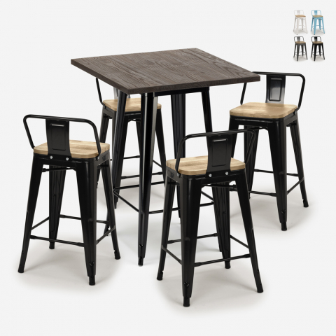 set 4 sgabelli tavolino industriale bar 60x60cm legno metallo rough black Promozione