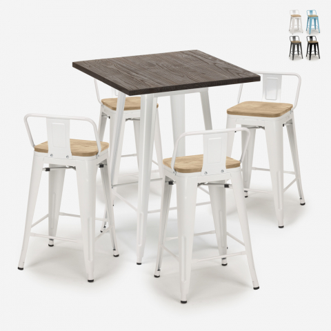 Set tavolo bar 60x60cm design industriale tolix 4 sgabelli Rough White Promozione