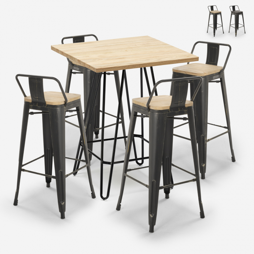 set 4 sgabelli vintage tavolino 60x60cm alto bar industriale rhodes Promozione set 4 sgabelli vintage tavolino 60x60cm alto bar industriale rhodes Promozione