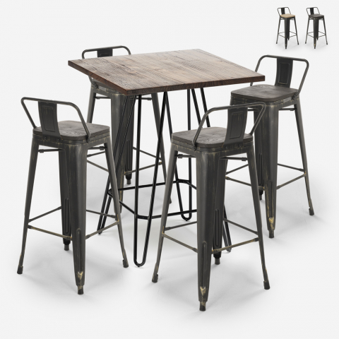 Set tavolino alto bar 60x60cm industriale 4 sgabelli tolix vintage Rhodes Noix