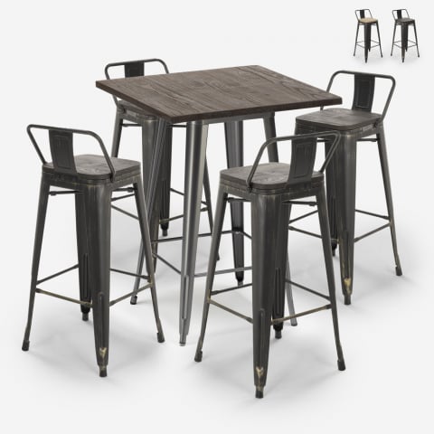 Set tavolino alto bar 60x60cm 4 sgabelli metallo design tolix vintage Axel