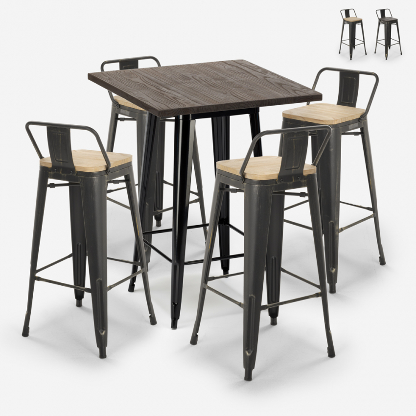 set 4 sgabelli legno metallo vintage tavolino alto bar 60x60cm axel black Vendita set 4 sgabelli legno metallo vintage tavolino alto bar 60x60cm axel black Vendita