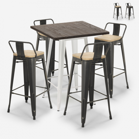 Set tavolino legno metallo alto bar 60x60cm 4 sgabelli tolix vintage Axel White Promozione