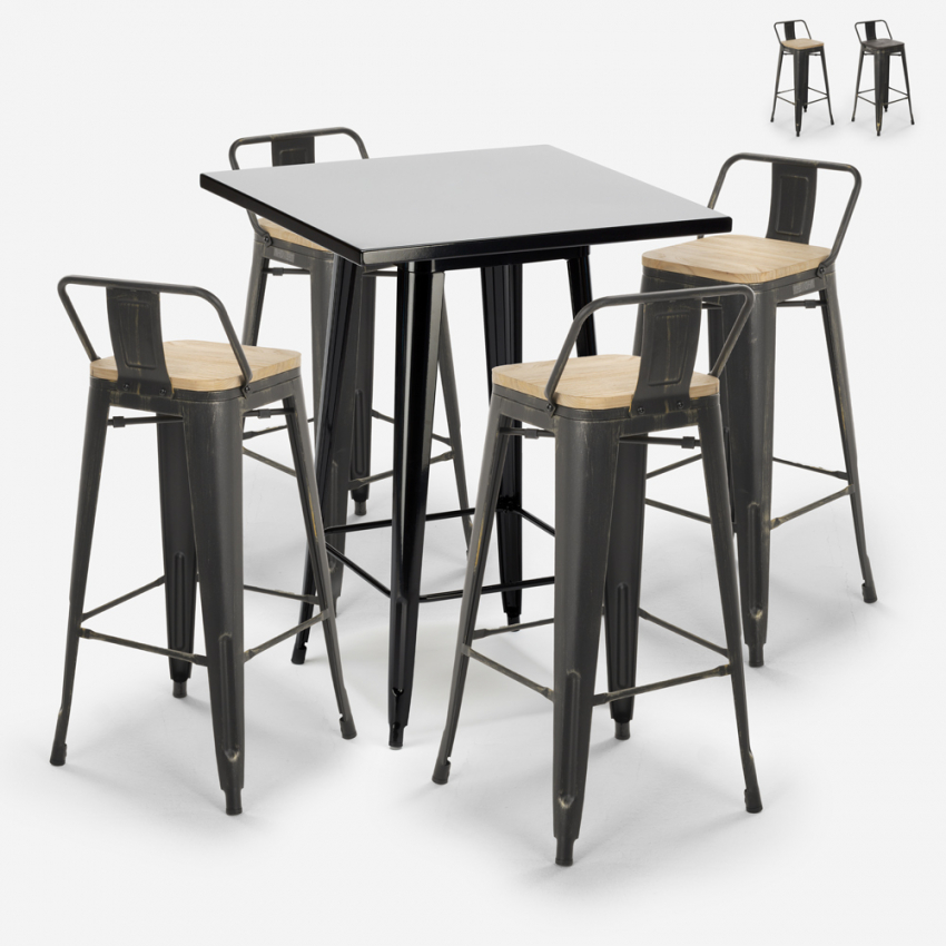 set 4 sgabelli vintage tavolino alto nero industriale 60x60cm rush black Vendita set 4 sgabelli vintage tavolino alto nero industriale 60x60cm rush black Vendita