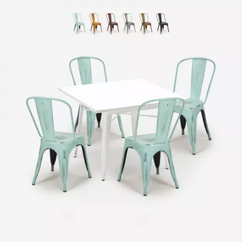 set 4 sedie industriale stile tavolo metallo 80x80cm bianco state white Promozione