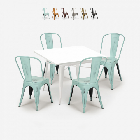 Set 4 sedie industriale stile tolix tavolo metallo 80x80cm bianco State White