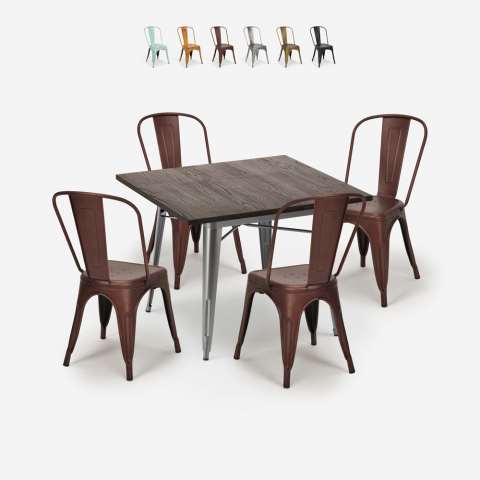 Set tavolo da pranzo industriale 80x80cm 4 sedie vintage design tolix Burton