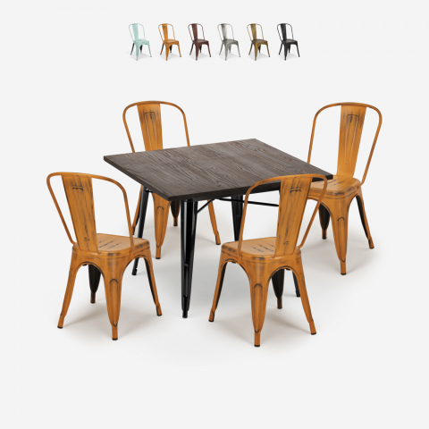 Set 4 sedie tolix vintage tavolo da pranzo 80x80cm legno metallo Burton Black