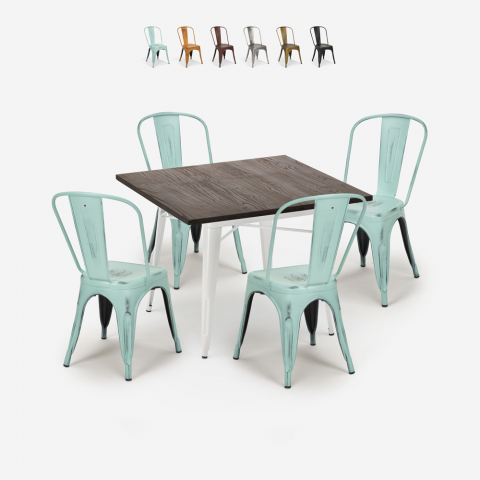 Set tavolo cucina industriale 80x80cm 4 sedie design tolix Burton White Promozione