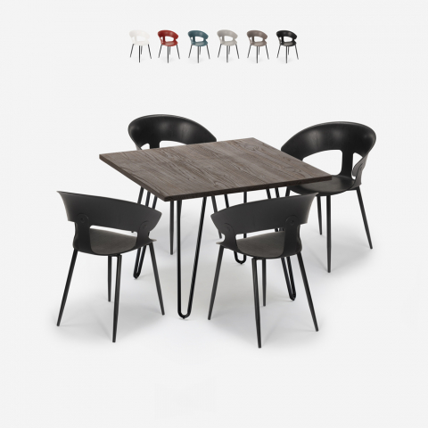 Set 4 sedie design moderno tavolo 80x80cm industriale ristorante cucina Maeve Dark