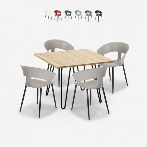 Set tavolo cucina 80x80cm industriale 4 sedie design moderno Maeve Light