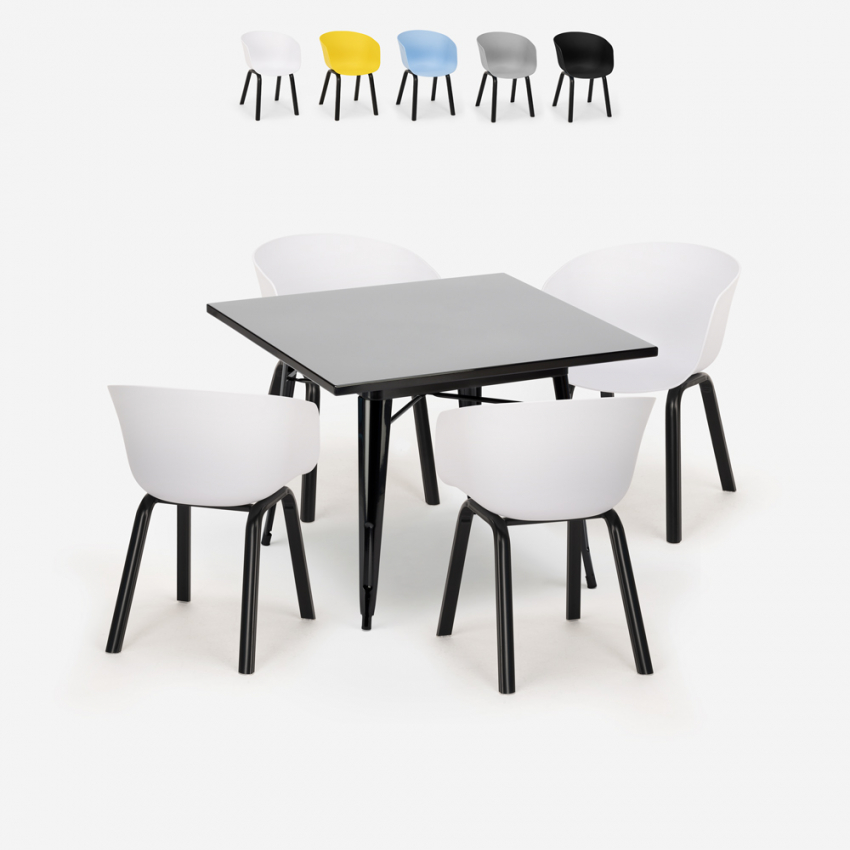Ensemble Table Carrée 80x80cm Métal 4 Chaises Design Moderne Krust Dark
