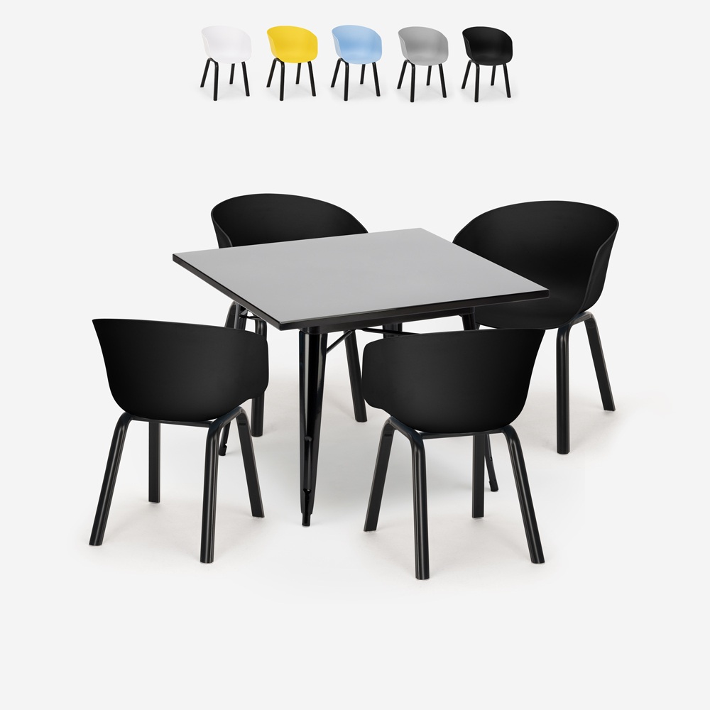Set tavolo quadrato 80x80cm metallo 4 sedie design moderno Krust Dark