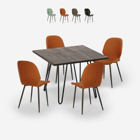 Set bar cucina tavolo 80x80cm industriale 4 sedie design similpelle Wright Dark