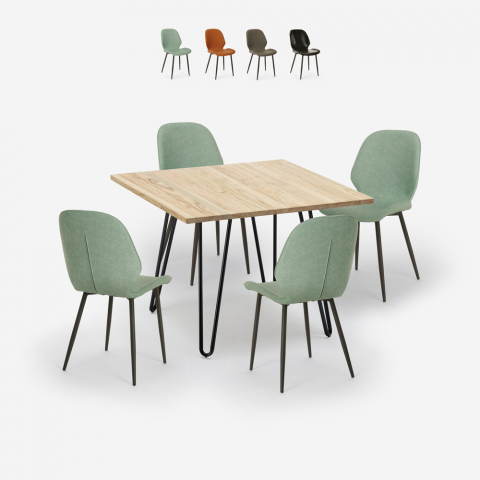 Set 4 sedie design similpelle tavolo legno metallo 80x80cm Wright Light