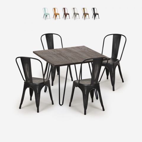 Set tavolo quadrato 80x80cm legno metallo 4 sedie vintage tolix Hedges Dark