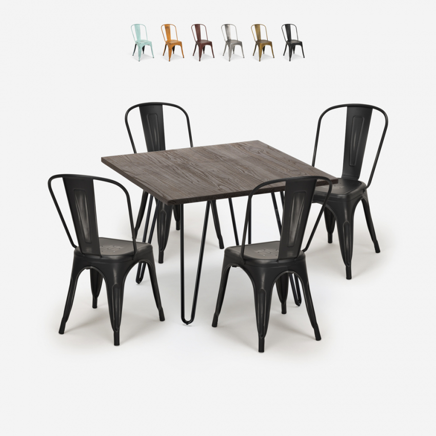 set tavolo quadrato 80x80cm legno metallo 4 sedie vintage hedges dark Promozione set tavolo quadrato 80x80cm legno metallo 4 sedie vintage hedges dark Promozione