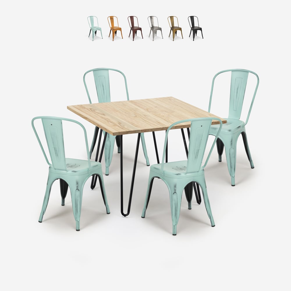 set tavolo bar cucina 80x80cm metallo legno 4 sedie vintage hedges light