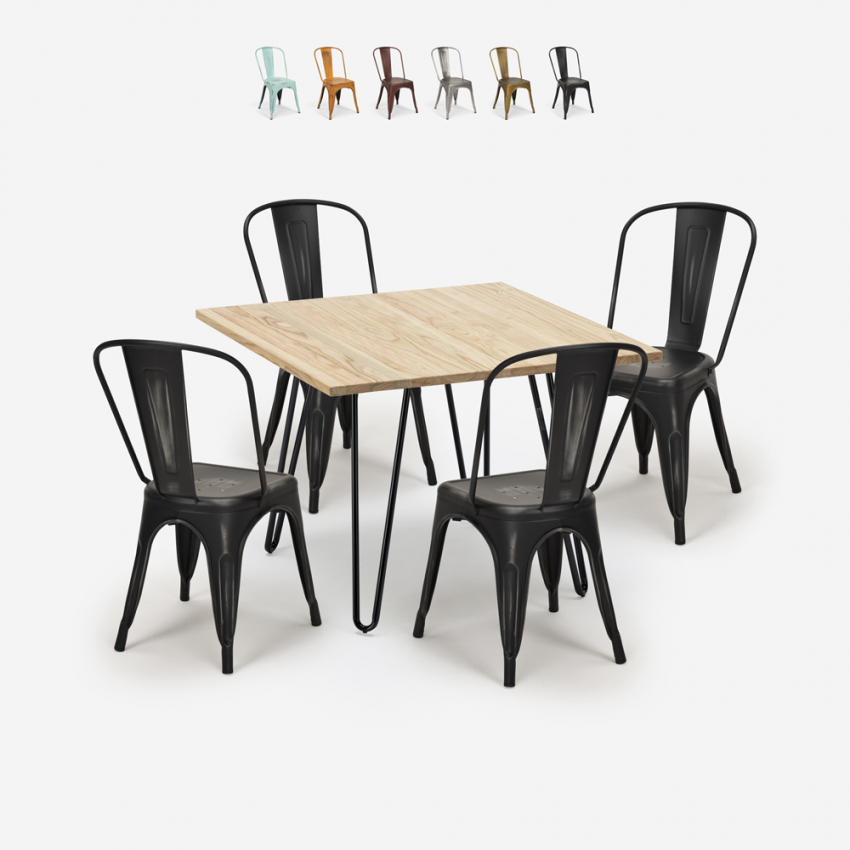 set tavolo bar cucina 80x80cm metallo legno 4 sedie vintage hedges light Saldi set tavolo bar cucina 80x80cm metallo legno 4 sedie vintage hedges light Saldi