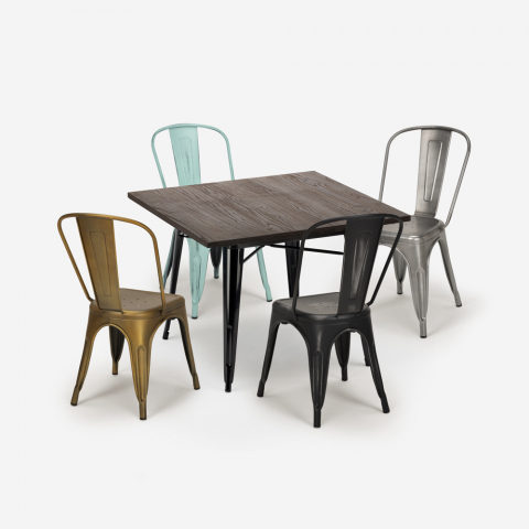 Set 4 sedie vintage tolix tavolo industriale 80x80cm legno metallo Dickson