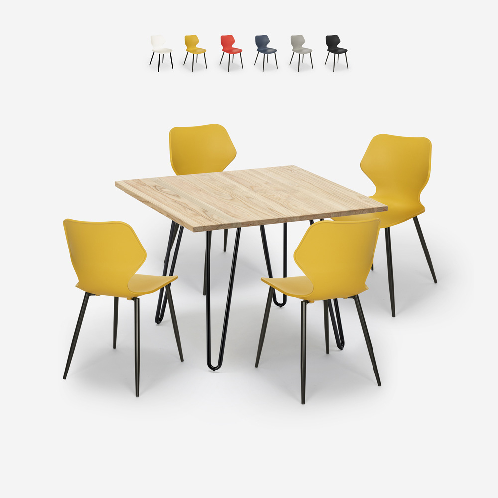 Set tavolo quadrato stile industriale 80x80cm 4 sedie design Sartis Light