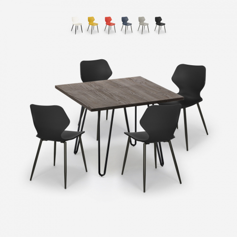 Set 4 sedie design tavolo quadrato 80x80cm legno metallo Sartis Dark