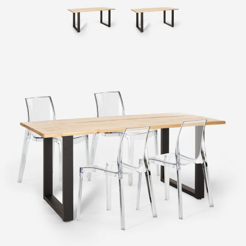 Set tavolo da pranzo 160x80cm industriale 4 sedie trasparenti design Hilton