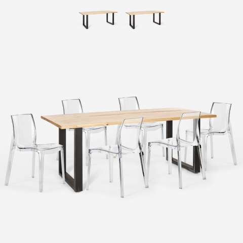 Set cucina tavolo 200x80cm industriale 6 sedie design trasparente Lewis
