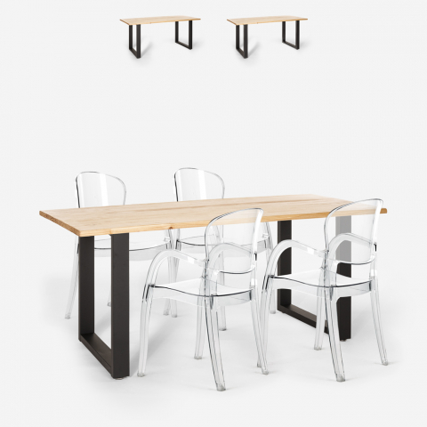Set tavolo da pranzo 160x80cm legno metallo 4 sedie trasparenti Jaipur M